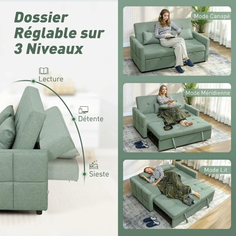 HOMCOM Canapé Convertible 2 Places 3 en 1, Canapé-Lit Clic Clac 160 cm, Dossier Réglable, Assise Large, 2 Oreillers, Vert