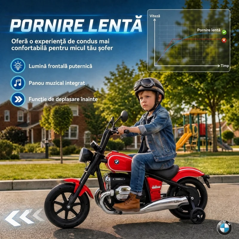 AIYAPLAY Motocicletă Electrică pentru Copii BMW R18 12V, cu Baterie Litiu, 3-8 Ani, Roți Ajutătoare Detașabile, Far, Muzică, Roșie