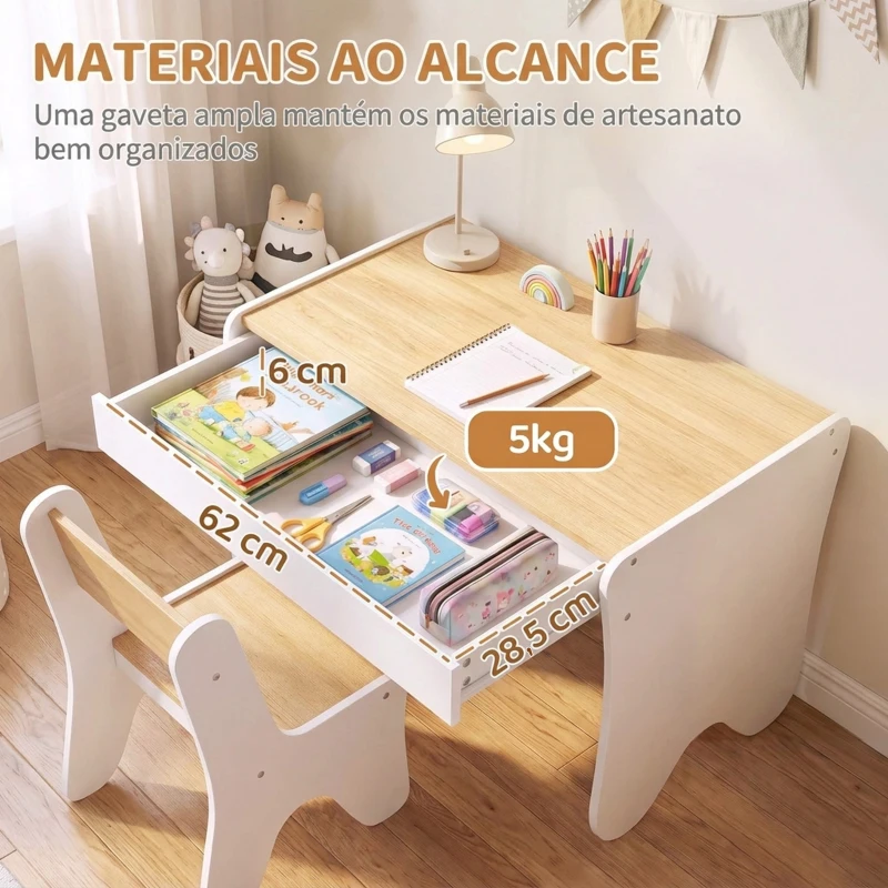 AIYAPLAY Mesa e Cadeira Infantil para Desenhar e Ler com Gaveta Branco e Madeira