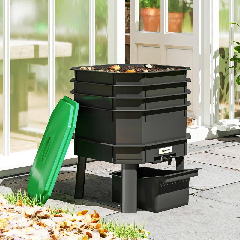 Outsunny 4-Tray Worm Composter Bin, 28L Worm Composter for Outdoor & Indoor Recycling Food Waste, Dark Green