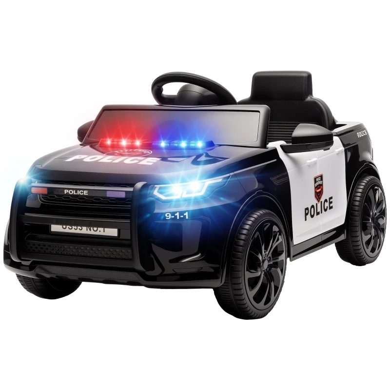AIYAPLAY Coche Eléctrico para Niños de Policía 12V Mando a Distancia 2,4 G 2 Motores Arranque Suave Sirena Luces Música Negro