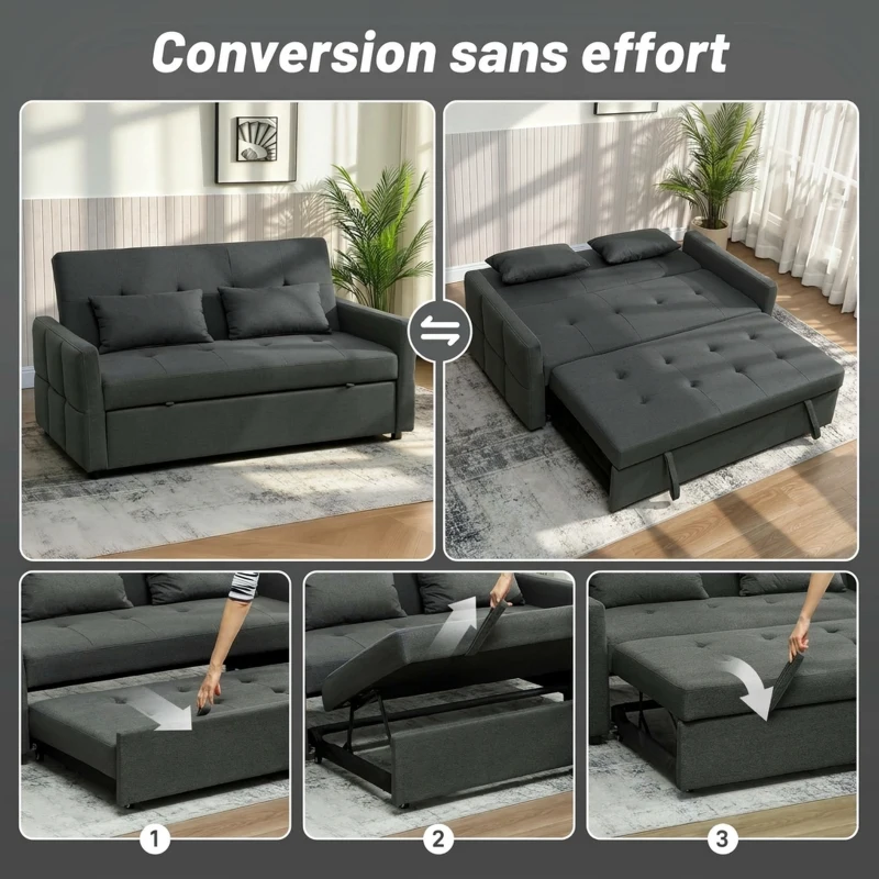 HOMCOM Canapé Convertible 2 Places 3 en 1, Canapé-Lit Clic Clac 160 cm, Dossier Réglable, Assise Large, 2 Oreillers, Gris Foncé