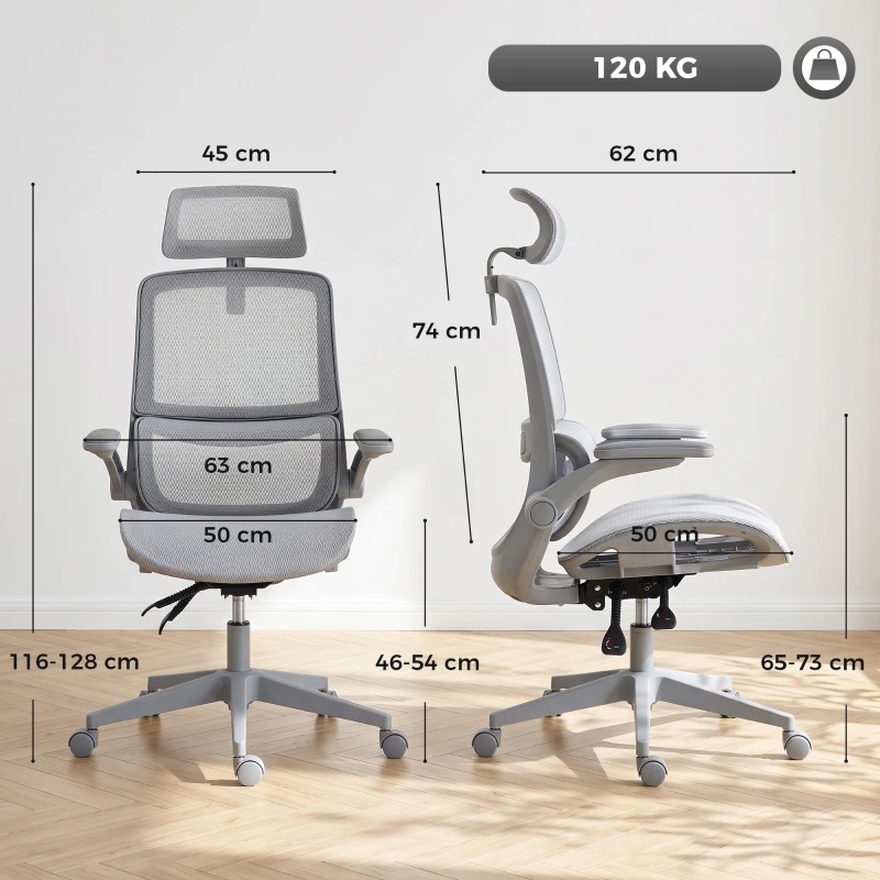 HOMCOM Ergonomic Office Chair with Adaptive Lumbar Support, Reclining Mesh Desk Chair with 2D Headrest, Flip-Up Arms, Grey