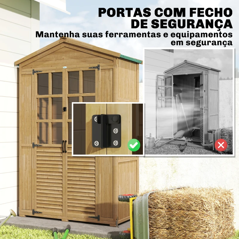 Outsunny Armário de Jardim em Madeira com Prateleiras, Janelas Acrílicas, Telhado Asfáltico e Portas com Fecho, Castanho Claro