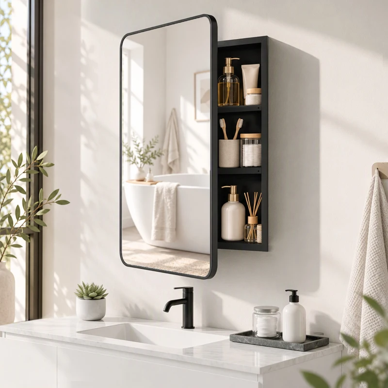 HOMCOM 50.8 x 11.6 x 71 cm Bathroom Mirror Cabinet, Wall Cabinet with Adjustable Shelves, Wall-Mounted or Recessed, Black