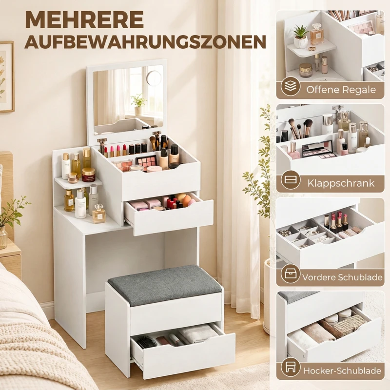 HOMCOM Kaptafel met spiegel en kruk, opklapbare spiegel, make-uptafel met lades, wit