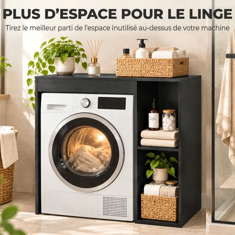 HOMCOM Meuble machine à laver, armoire machine a laver et sèche-linge avec 2 compartiments ouverts, 96 x 60 x 90,5 cm, noir