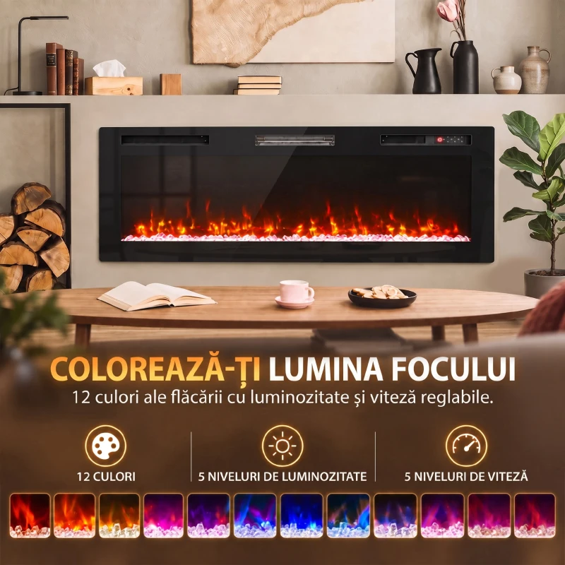 HOMCOM Șemineu electric 153 cm, încastrabil/de perete/de podea, ultrasubțire 8,3 cm, cu telecomandă, 900/1800 W, timer, negru