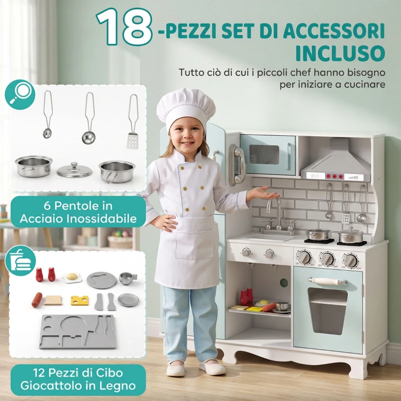 AIYAPLAY Cucina Giocattolo per Bambini in Legno con Luci, Suoni, Accessori, Frigo, Forno, Macchina Caffè, Verde Chiaro