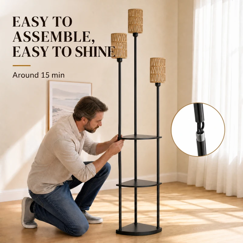 HOMCOM Lampadaire interrupteur pied Lampe sur Pied 3 étagères Noir