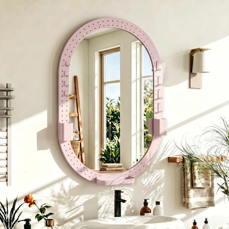 HOMCOM Oval Wall Mirror, 60 x 90 cm Decorative Hanging Mirror with Pegboard Frame, Wall-Mounted, Pink