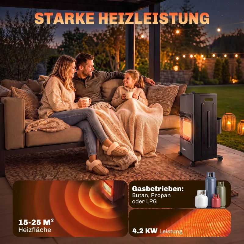 Outsunny Gas terrasverwarmer 1,5-4,2 kW inklapbaar met wielen, hoes, 3 warmtestanden en slang