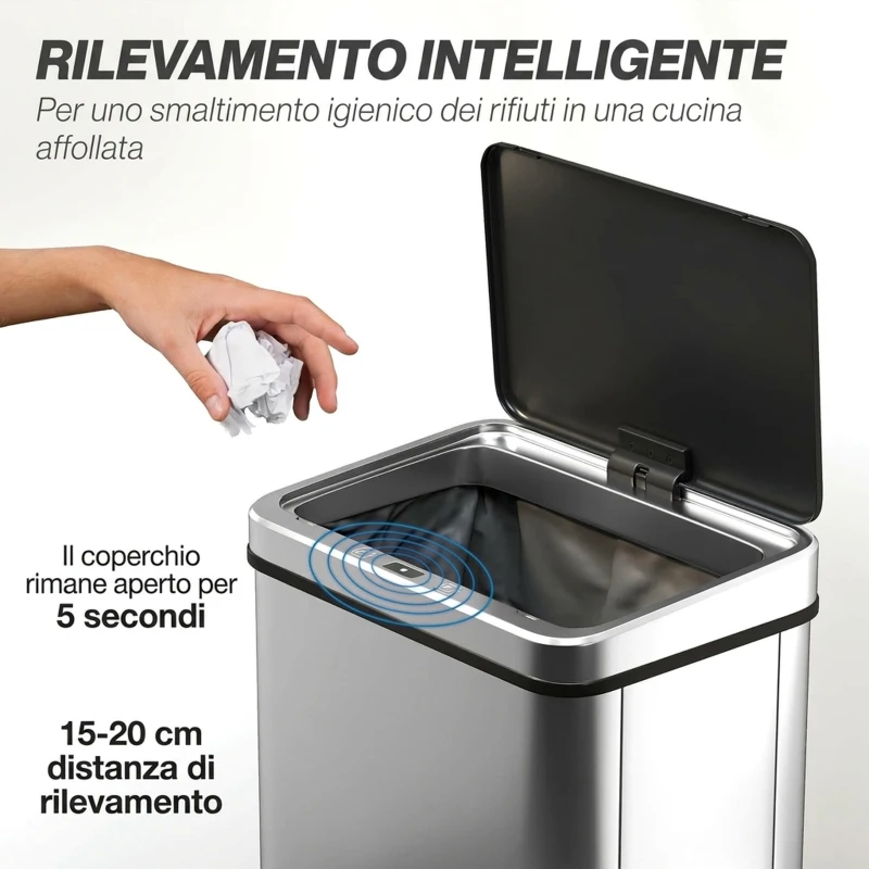 HOMCOM Pattumiera Automatica con Sensore 40 L in Acciaio Inox Anti-Impronta, Chiusura Ammortizzata, Argento