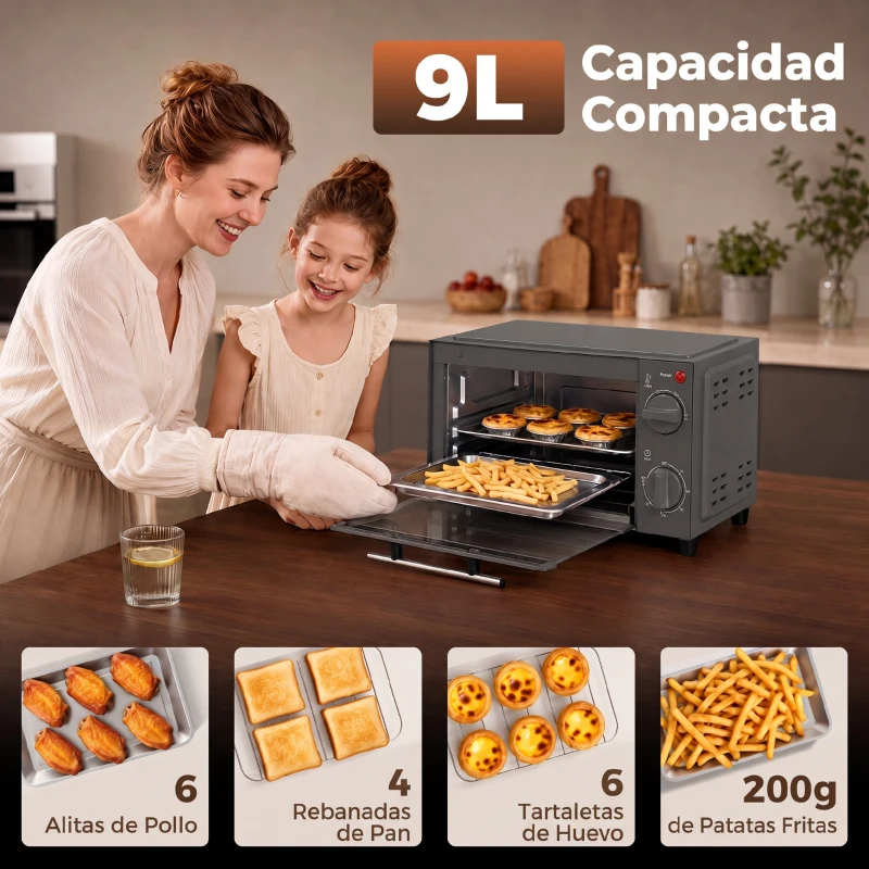 HOMCOM Mini Horno Eléctrico 9L Horno Eléctrico Sobremesa 750W con Temperatura Ajustable Temporizador 35x24,6x20 cm Gris