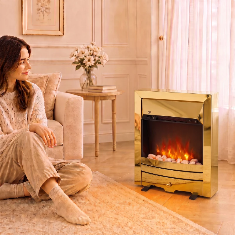 HOMCOM Electric Fireplace Stove Freestanding/Inset, 2000W, Electric Fire with LED Flame, Pebbles, Adjustable Thermostat, Gold