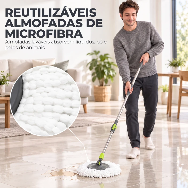 HOMCOM Conjunto de Esfregona e Balde com Espremedor 2 Compartimentos Balde de 20 L 5 Mopas de Microfibra Uso a Seco e Húmido Cinza Escuro