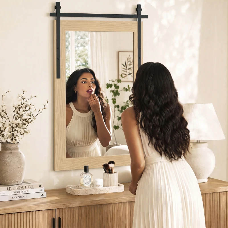 HOMCOM 110 x 66 cm Rectangle Mirror, Farmhouse Wall Mirror for Living Room, Bedroom, Hallway, White Oak