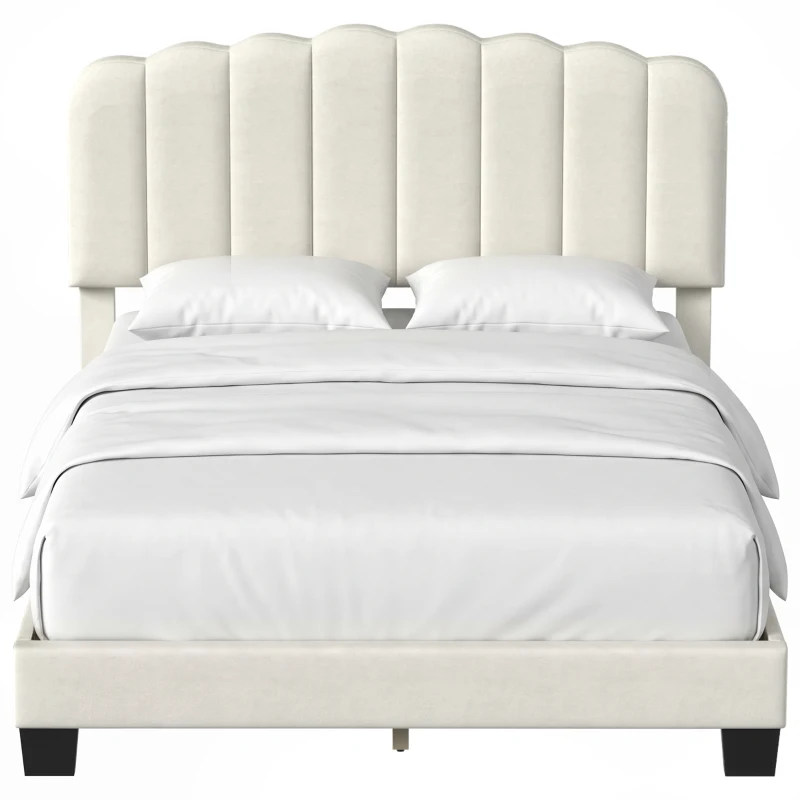 HOMCOM Cadre de Lit 140 x 190 cm avec Tête Réglable, Lit Double Rembourré en Velours, Sommier à 12 Lattes en Bois, Crème