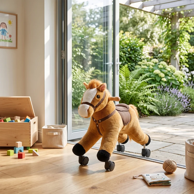 AIYAPLAY Caballo de Juguete para Montar con Ruedas, Correpasillos de Felpa con Sonidos de Cascos y Relinchos, Marco de Metal, Regalo para Niños y Niñas 18-36 Meses, Carga 50 kg, Marrón