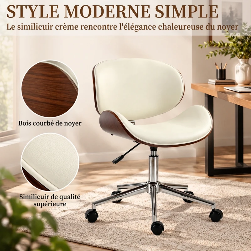Vinsetto Chaise de Bureau Design Vintage, Hauteur Réglable, Pivotant 360°, Revêtement Synthétique, 53x53x87cm, Crème
