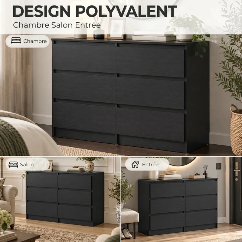 HOMCOM Commode Chambre Adulte, Chiffonnier 6 Tiroirs, Commode Vêtement, Meuble de Rangement Contemporain pour Salon, Noir