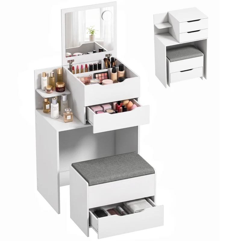 HOMCOM Kaptafel met spiegel en kruk, opklapbare spiegel, make-uptafel met lades, wit