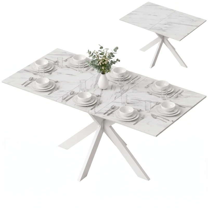 HOMCOM Extendable Dining Table Steel Cross Legs Steel Rails Space Saving White