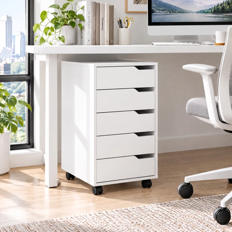 HOMCOM Gaveteiro de Escritório com 5 Gavetas, Rodas e Suporte para Impressora, Branco