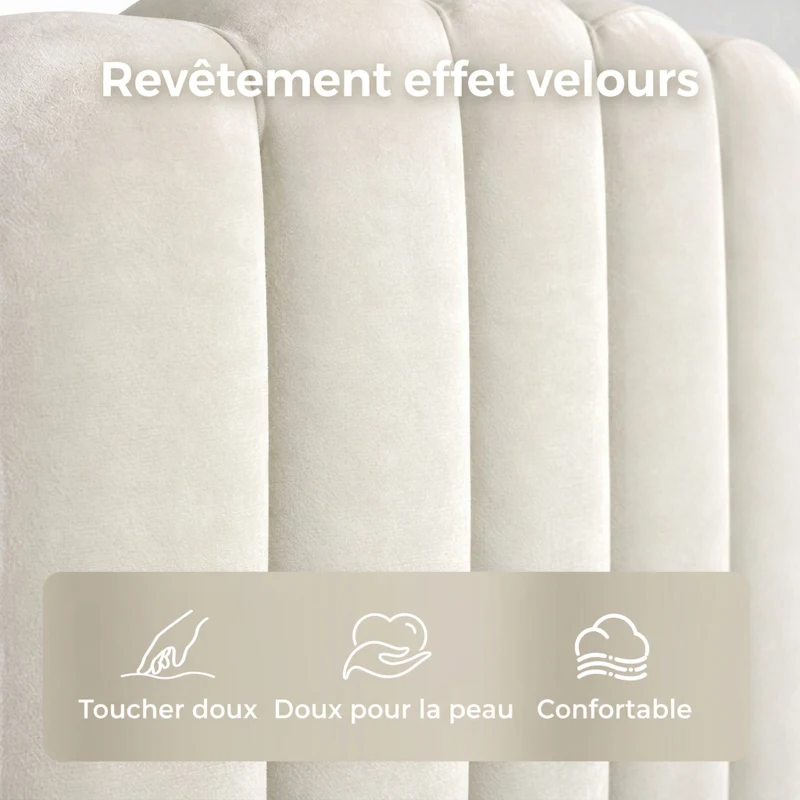 HOMCOM Cadre de Lit 140 x 190 cm avec Tête Réglable, Lit Double Rembourré en Velours, Sommier à 12 Lattes en Bois, Crème