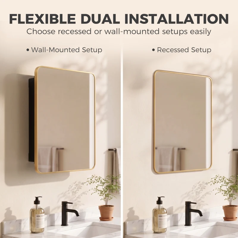 HOMCOM 50.8 x 11.6 x 71 cm Bathroom Mirror Cabinet, Wall Cabinet with Adjustable Shelves, Wall-Mounted or Recessed, Gold Tone