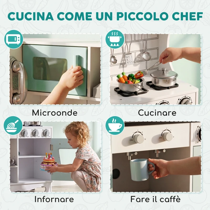 AIYAPLAY Cucina Giocattolo per Bambini in Legno con Luci, Suoni, Accessori, Frigo, Forno, Macchina Caffè, Verde Chiaro