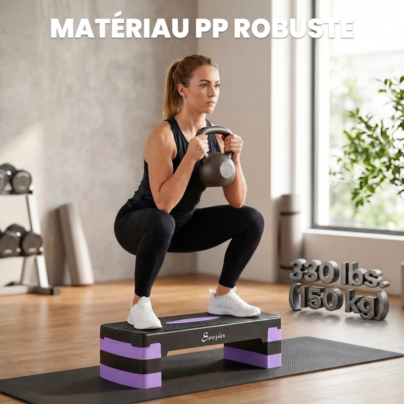 SPORTNOW Stepper Fitness Aérobic 3 Niveaux, Hauteur Réglable 10/15/20 cm avec Rehausses Surface Antidérapante 68x29x20cm Violet