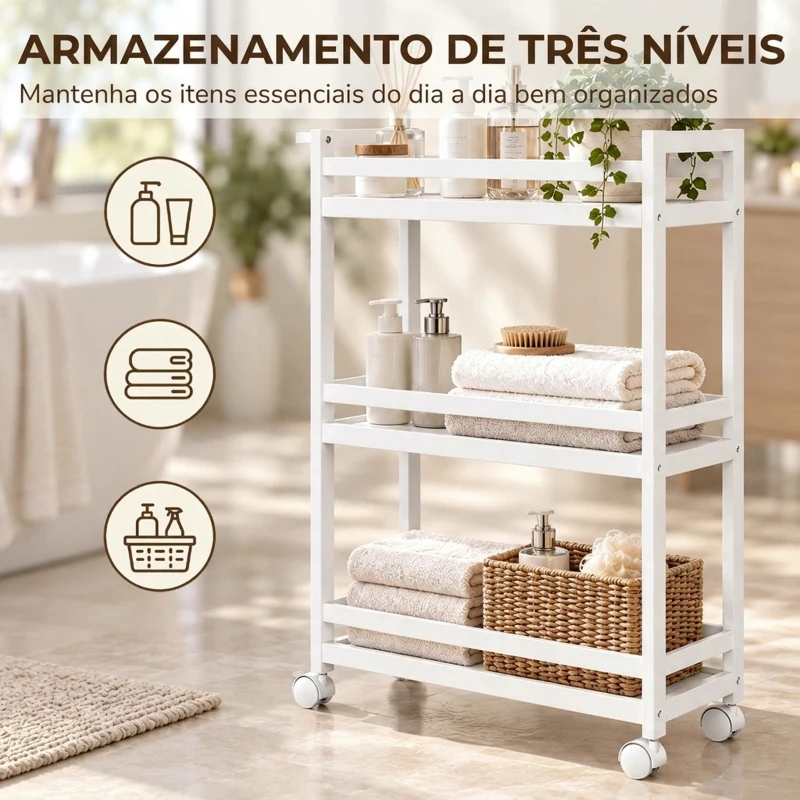 HOMCOM Carrinho Auxiliar de Casa de Banho em Bambu com 3 Níveis e Rodas 55x20x75 cm Branco