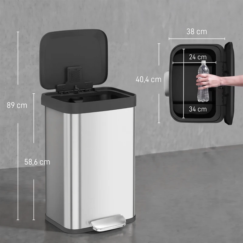 HOMCOM Poubelle de Cuisine 50 L en Acier Inoxydable, Pédale, Couvercle à Fermeture Douce, Compartiment Désodorisant, Argenté