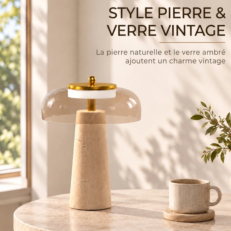 HOMCOM Lampe de Table Vintage avec Abat-Jour en Verre et Base en Travertin, Lampe de Chevet Rétro, Lumière Chaude 3000 K, Ambre