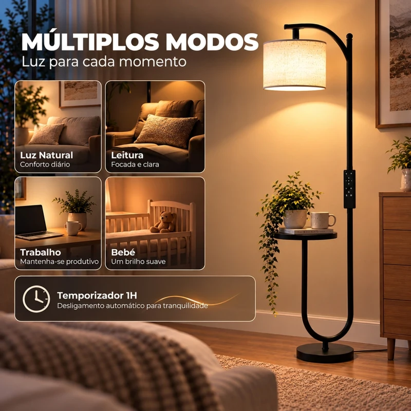 HOMCOM Candeeiro de Pé LED Regulável com Prateleira 11 Temperaturas de Cor e Níveis de Brilho Cúpula Ajustável Comando RF e Interruptor de Pé Preto