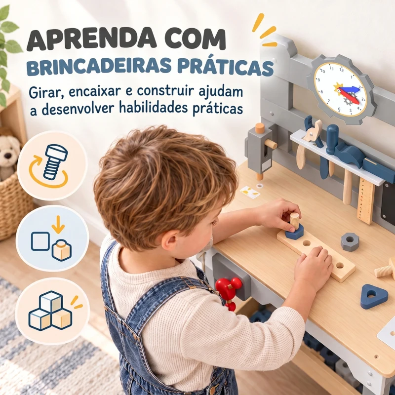 AIYAPLAY Bancada de Ferramentas Infantil em Madeira com Ferramentas Quadro e Prateleira 3-6 Anos Cinza