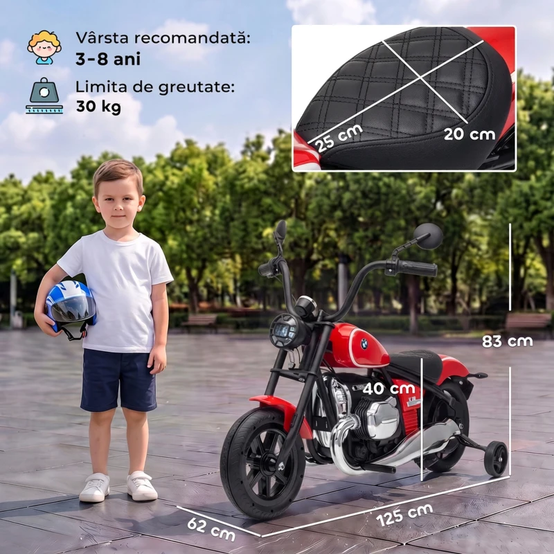 AIYAPLAY Motocicletă Electrică pentru Copii BMW R18 12V, cu Baterie Litiu, 3-8 Ani, Roți Ajutătoare Detașabile, Far, Muzică, Roșie