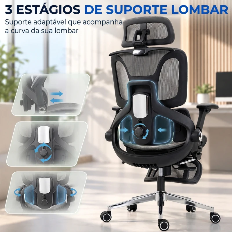 HOMCOM Cadeira de Escritório em Malha com Apoio para os Pés Encosto Reclinável Apoio Lombar Apoios de Braços e Apoio de Cabeça Ajustáveis Cinza