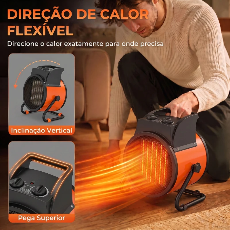 Outsunny Aquecedor Elétrico Cerâmico PTC 5000W com Termóstato Ajustável 3 Modos e Ângulo Ajustável Portátil para 48 m² Laranja