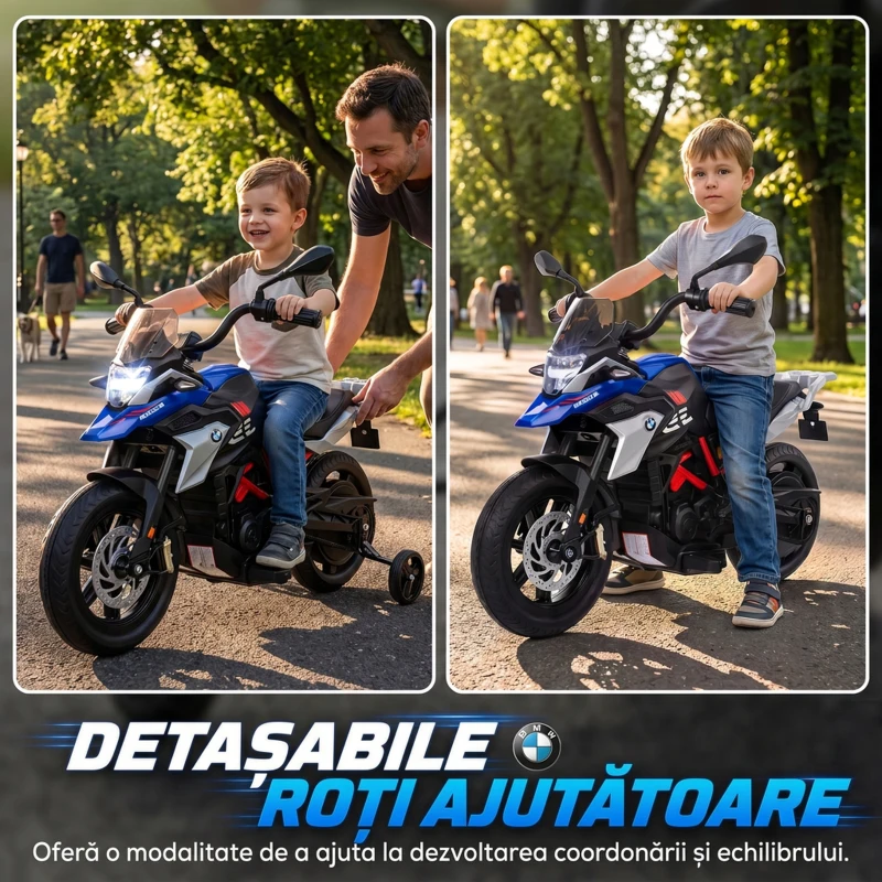 AIYAPLAY Motocicletă Electrică pentru Copii 3-8 Ani 12V, Licență BMW G310 GS, Baterie cu Litiu, Roți Ajutătoare Detașabile, Albastru