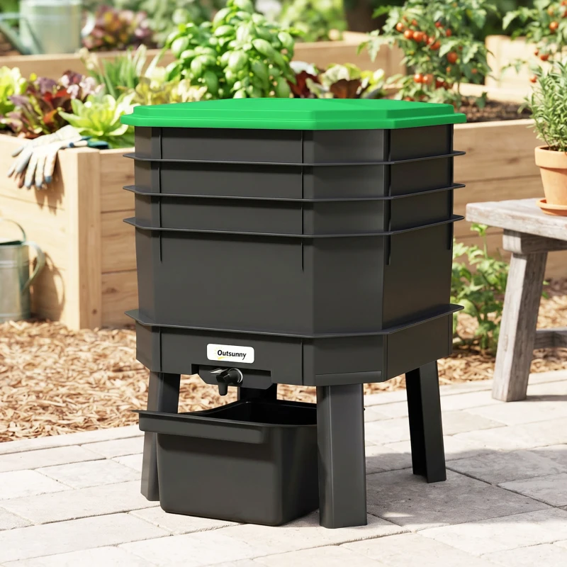 Outsunny 4-Tray Worm Composter Bin, 28L Worm Composter for Outdoor & Indoor Recycling Food Waste, Dark Green