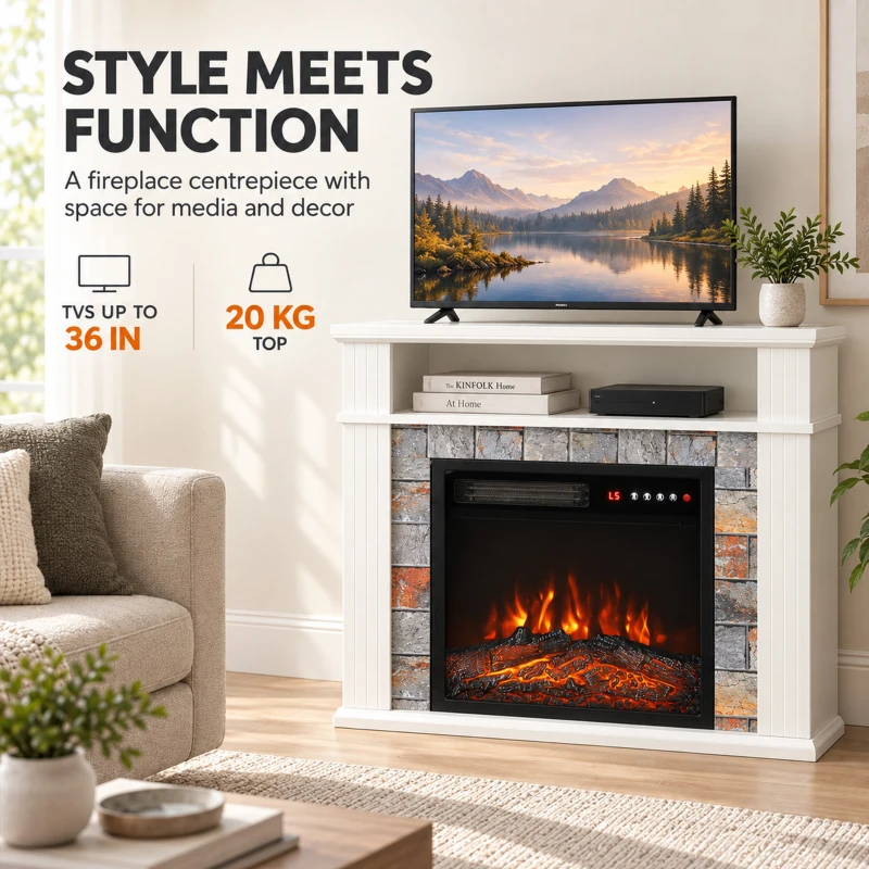 HOMCOM Freestanding Electric Fireplace Suite, 1800W, Open Shelf, Electric Fire and Surround with LED Flame, Remote, White