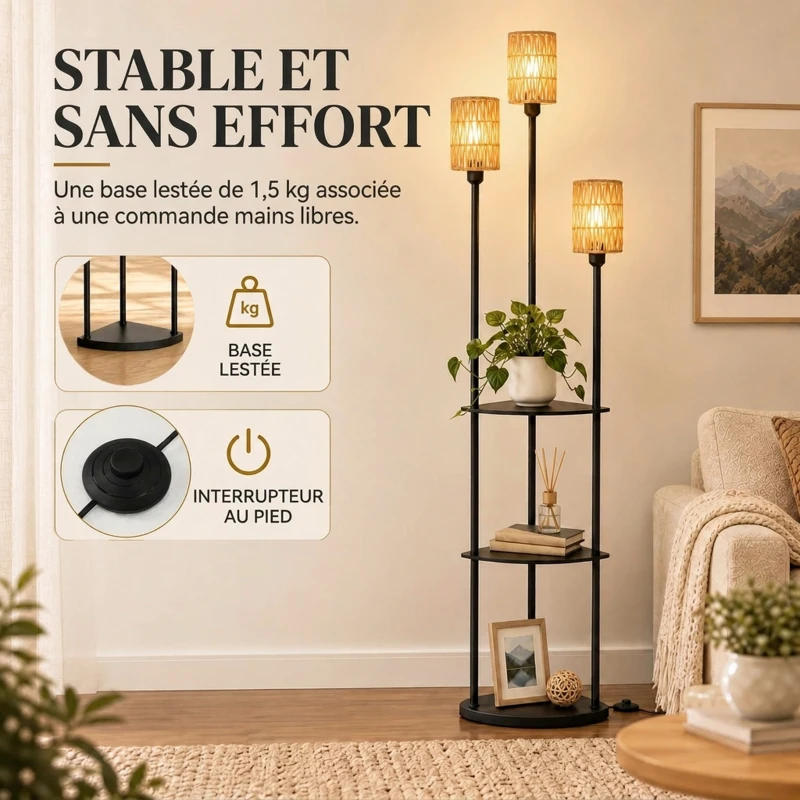 HOMCOM Lampadaire interrupteur pied Lampe sur Pied 3 étagères Noir