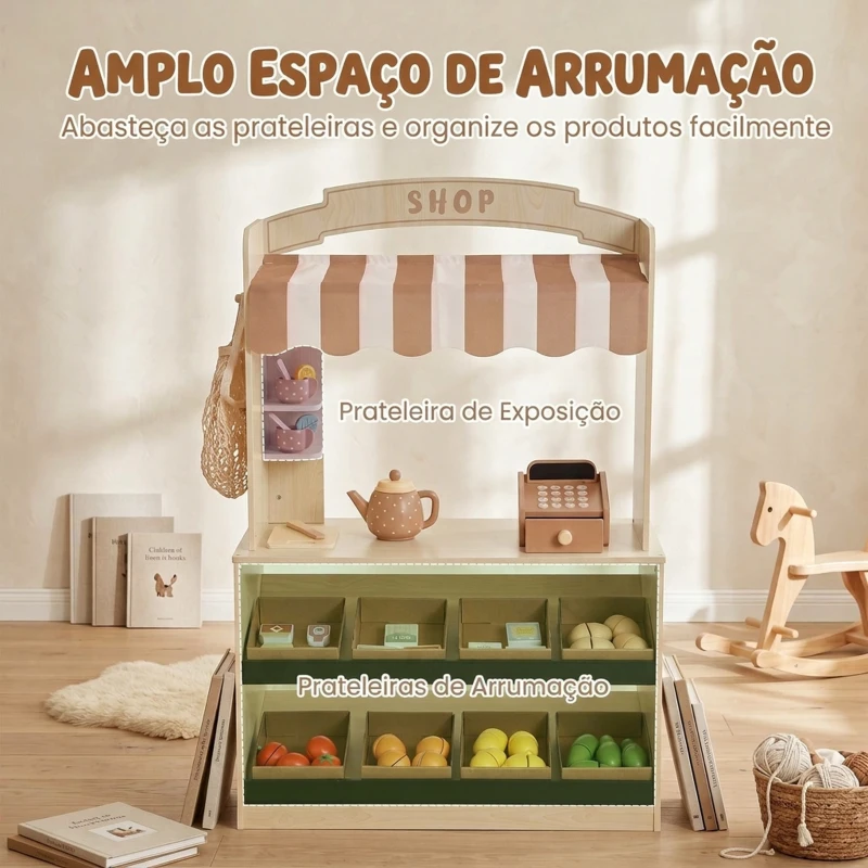 AIYAPLAY Supermercado Infantil de Madeira com Caixa Registadora, Jogo de Chá, Quadro, 8 Caixas e Toldo