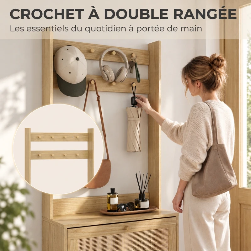 HOMCOM Porte-Manteau 2 en 1, Meuble d'Entrée avec Meuble à Chaussures, Portes Effet Rotin et 8 Crochets, Bois Naturel