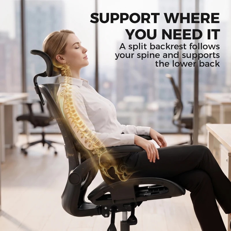 HOMCOM Ergonomic Office Chair with Adaptive Lumbar Support, Reclining Mesh Desk Chair with 2D Headrest, Flip-Up Arms, Black