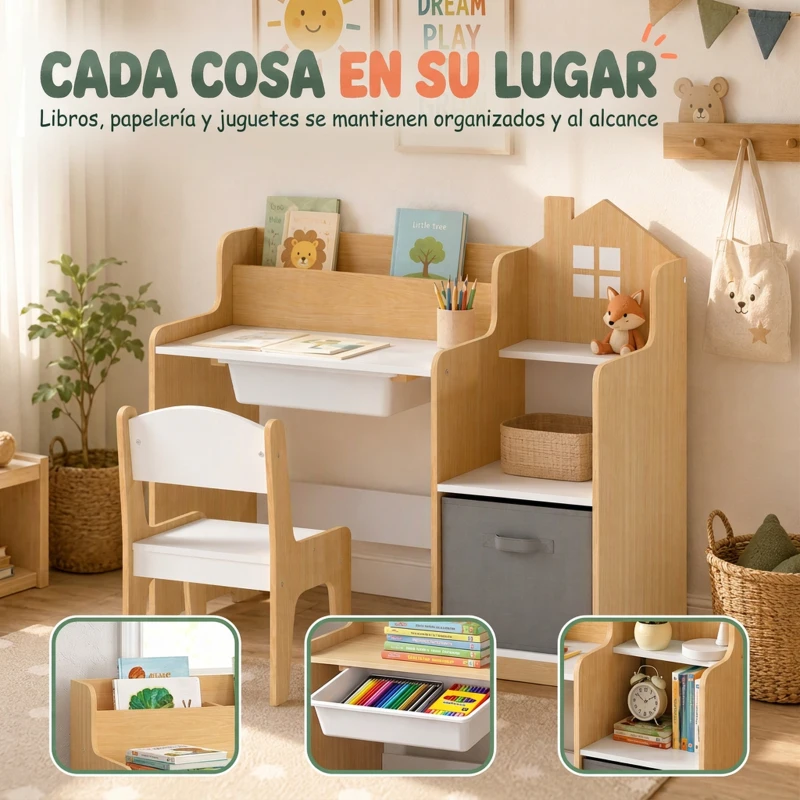 AIYAPLAY Escritorio Infantil con Silla con Caja de Tela Cajón 2 Compartimentos Estantes para Estudiar Dibujar 3-8 Años Natural