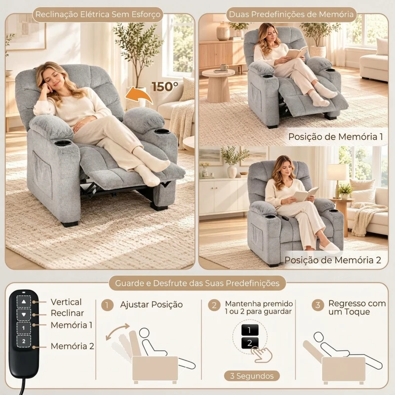 HOMCOM Cadeirão Relax Elétrico Silencioso com Memória, Apoio para os Pés e USB - Cinzento