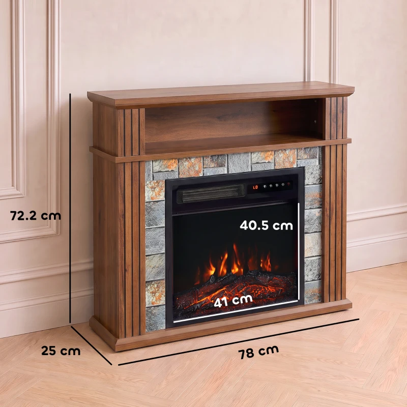 HOMCOM Șemineu electric de podea/încastrabil pentru TV 36" cu ramă și raft, 1800W, efect de flacără 3D, bușteni, maro